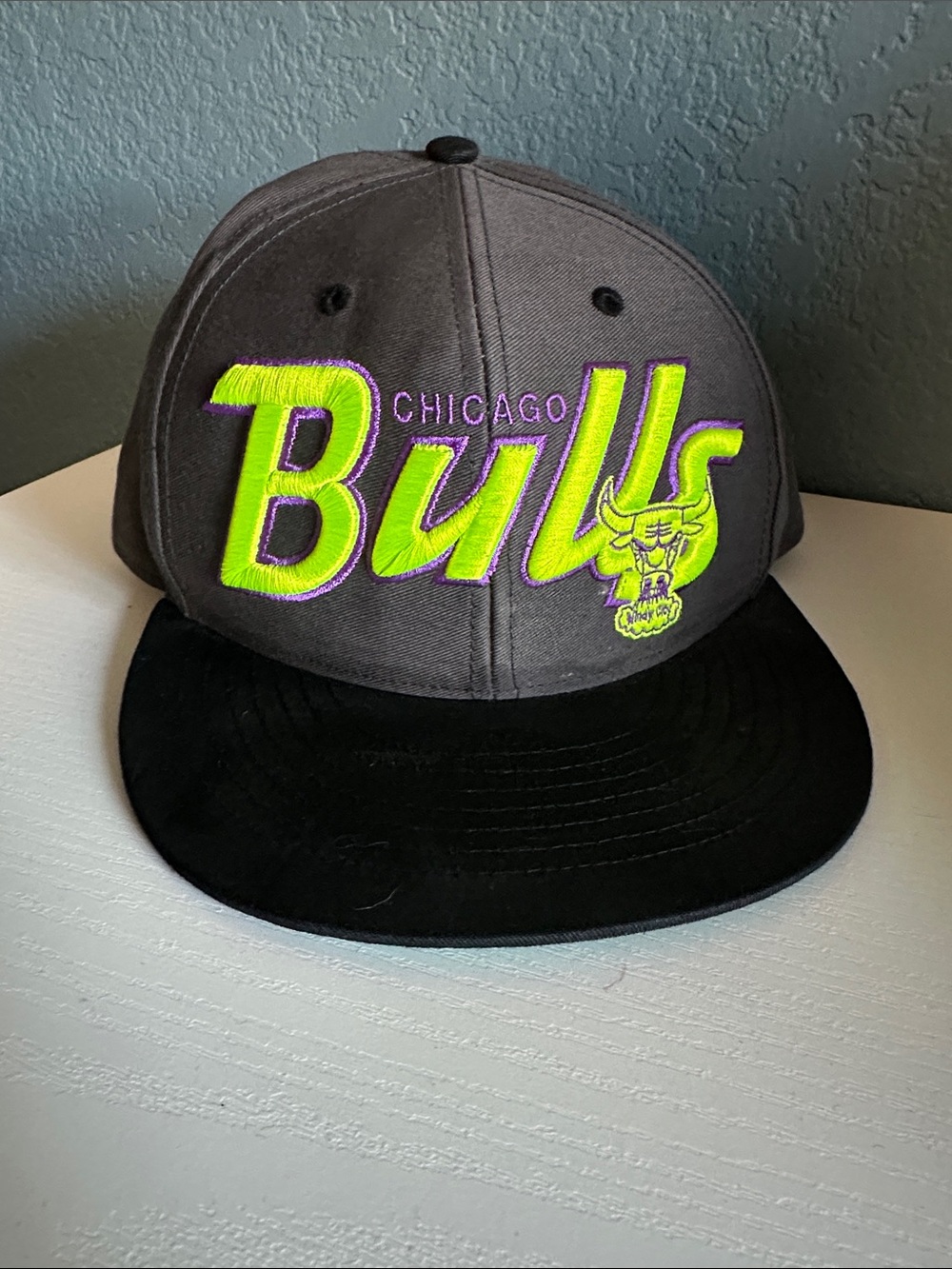 Chicago Bulls Gray and Black Snapback Hat with Neon Green Embroidery
